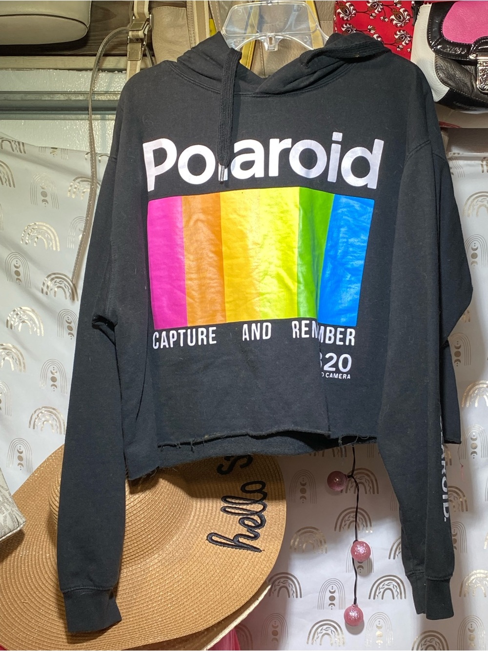 Polaroid Black Hoodie with Pink-Orange-Yellow-Green-Blue Stripe vintage